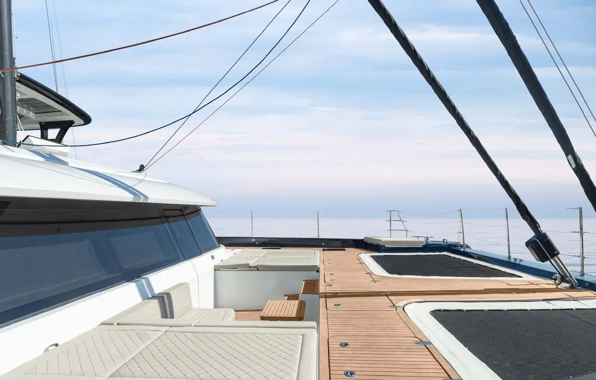 Deck of Dessus, a Sunreef 60 catamaran at Grad Kaštela, Croatia