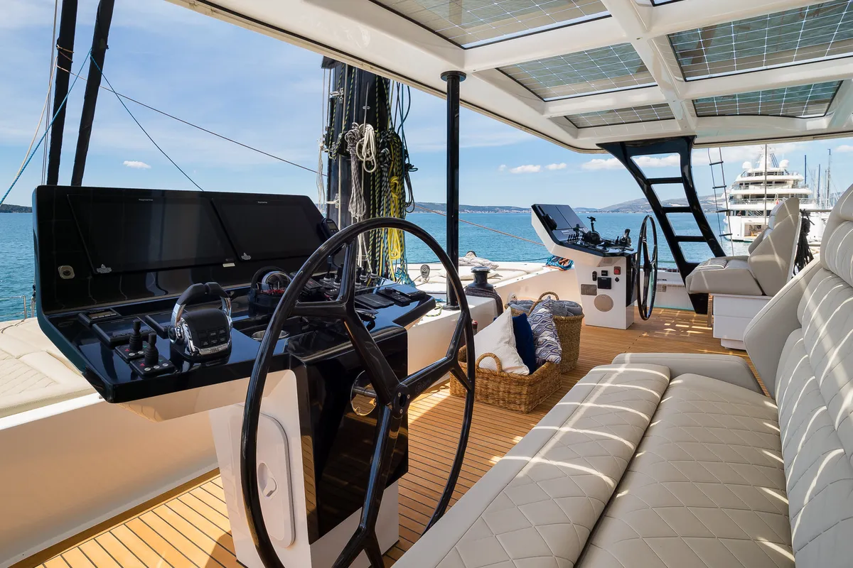 Cockpit of Dessus, a Sunreef 60 catamaran at Grad Kaštela, Croatia