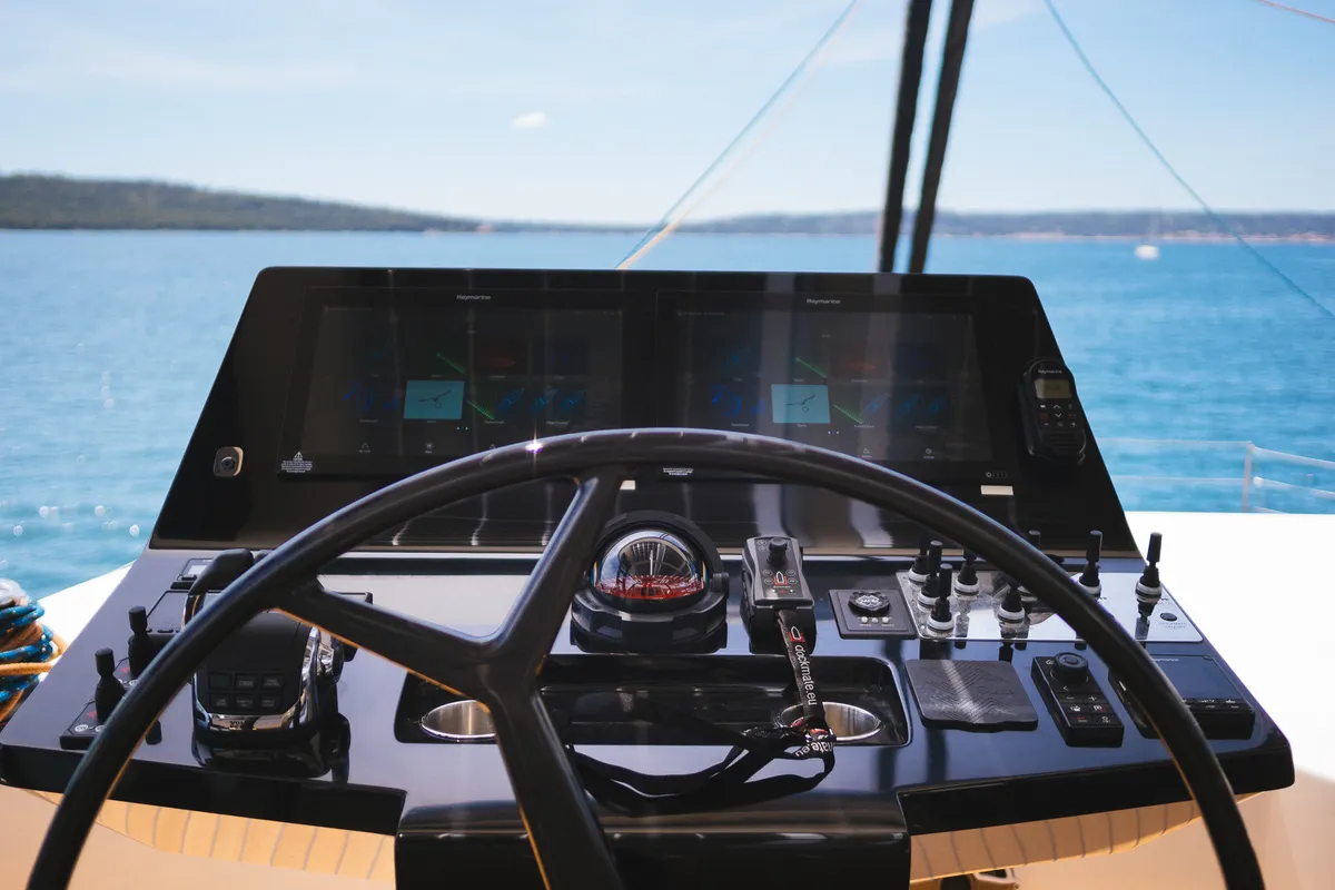 Cockpit of Dessus, a Sunreef 60 catamaran at Grad Kaštela, Croatia