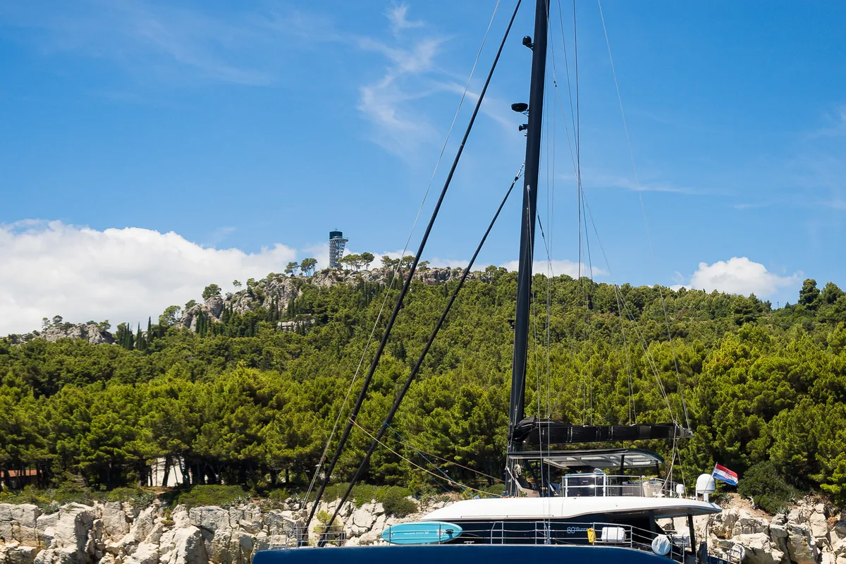 Exterior view of Dessus, a Sunreef 60 catamaran at Grad Kaštela, Croatia