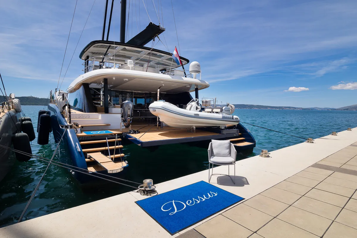 Exterior view of Dessus, a Sunreef 60 catamaran at Grad Kaštela, Croatia