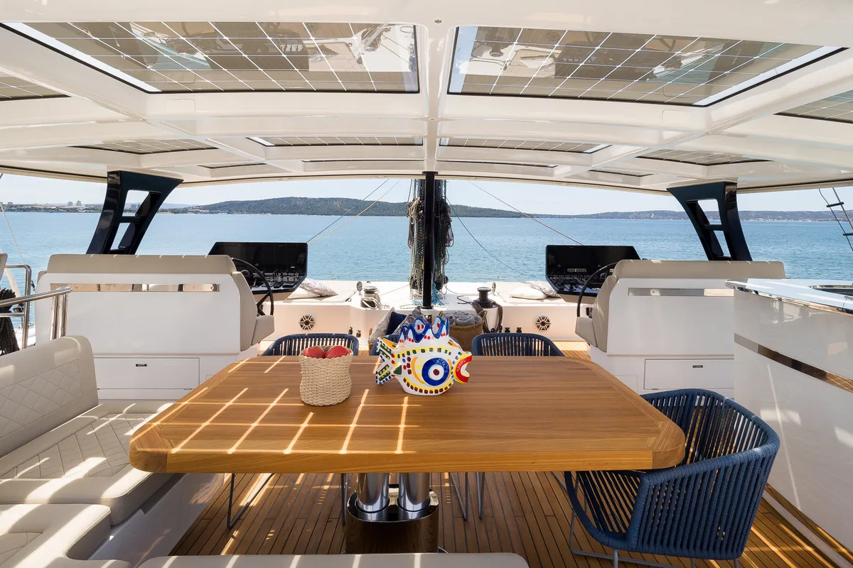 Deck of Dessus, a Sunreef 60 catamaran at Grad Kaštela, Croatia