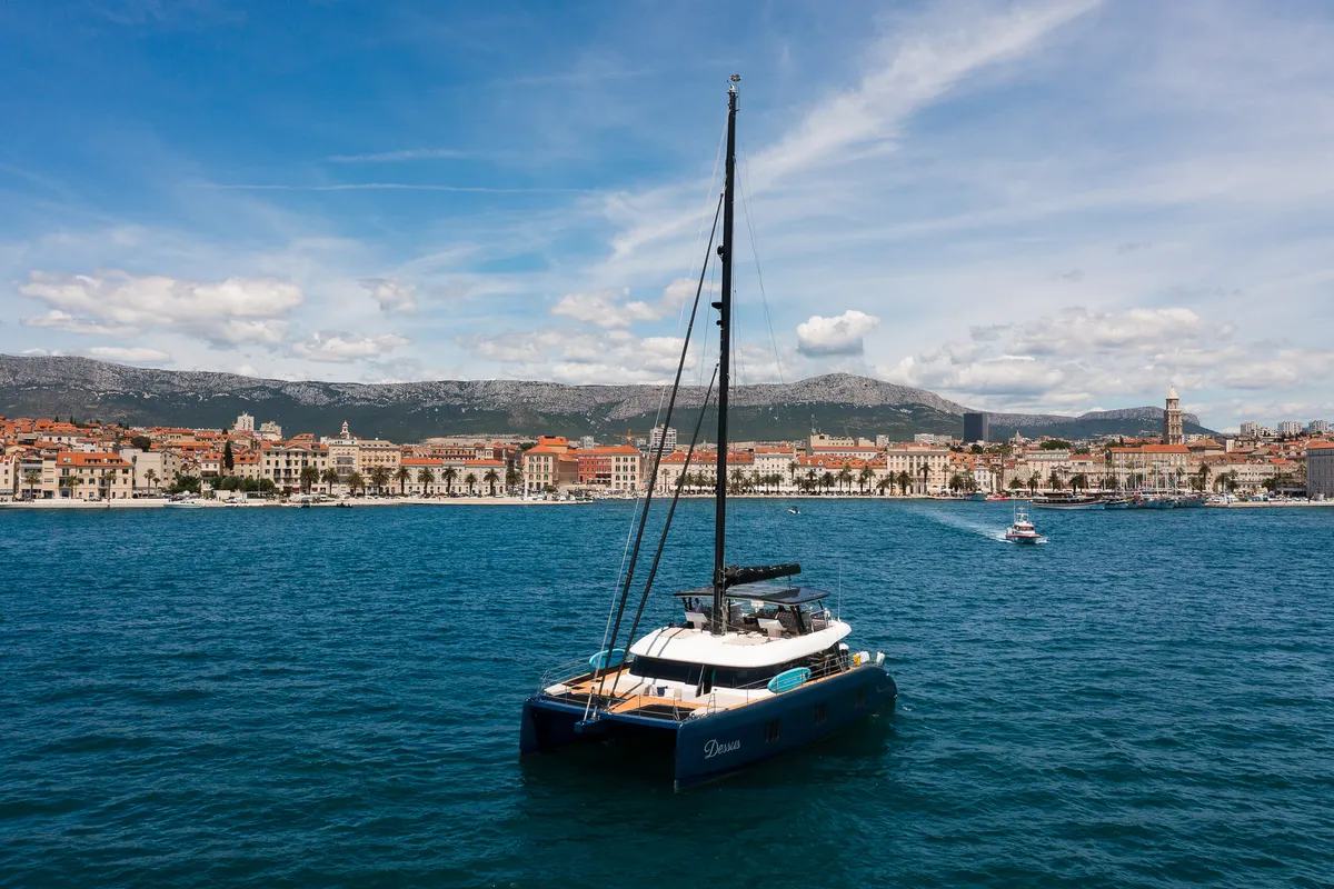 Exterior view of Dessus, a Sunreef 60 catamaran at Grad Kaštela, Croatia