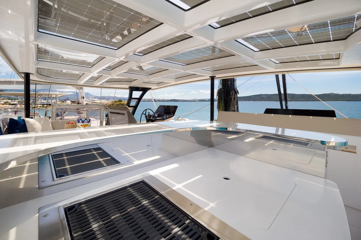 Deck of Dessus, a Sunreef 60 catamaran at Grad Kaštela, Croatia