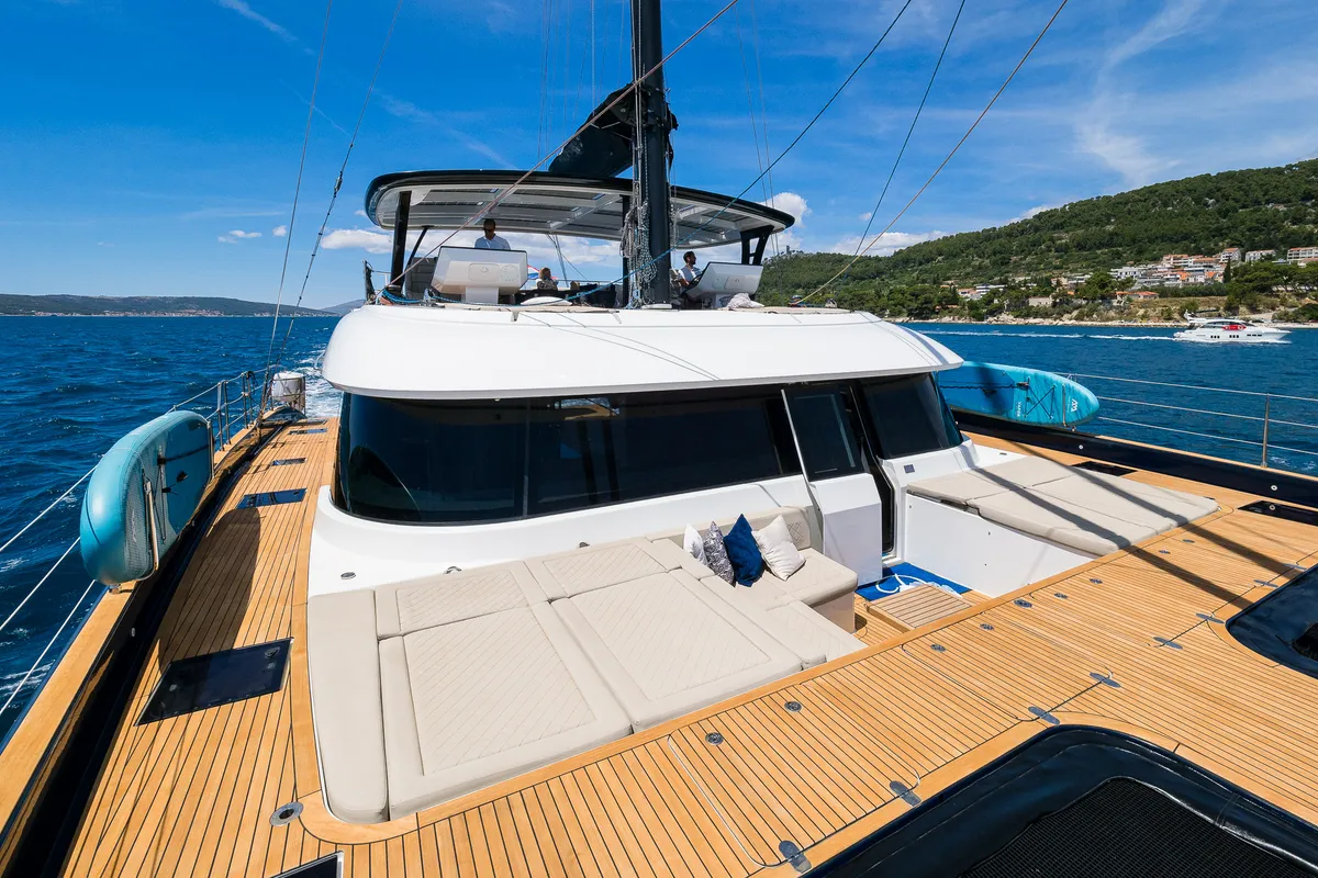 Deck of Dessus, a Sunreef 60 catamaran at Grad Kaštela, Croatia