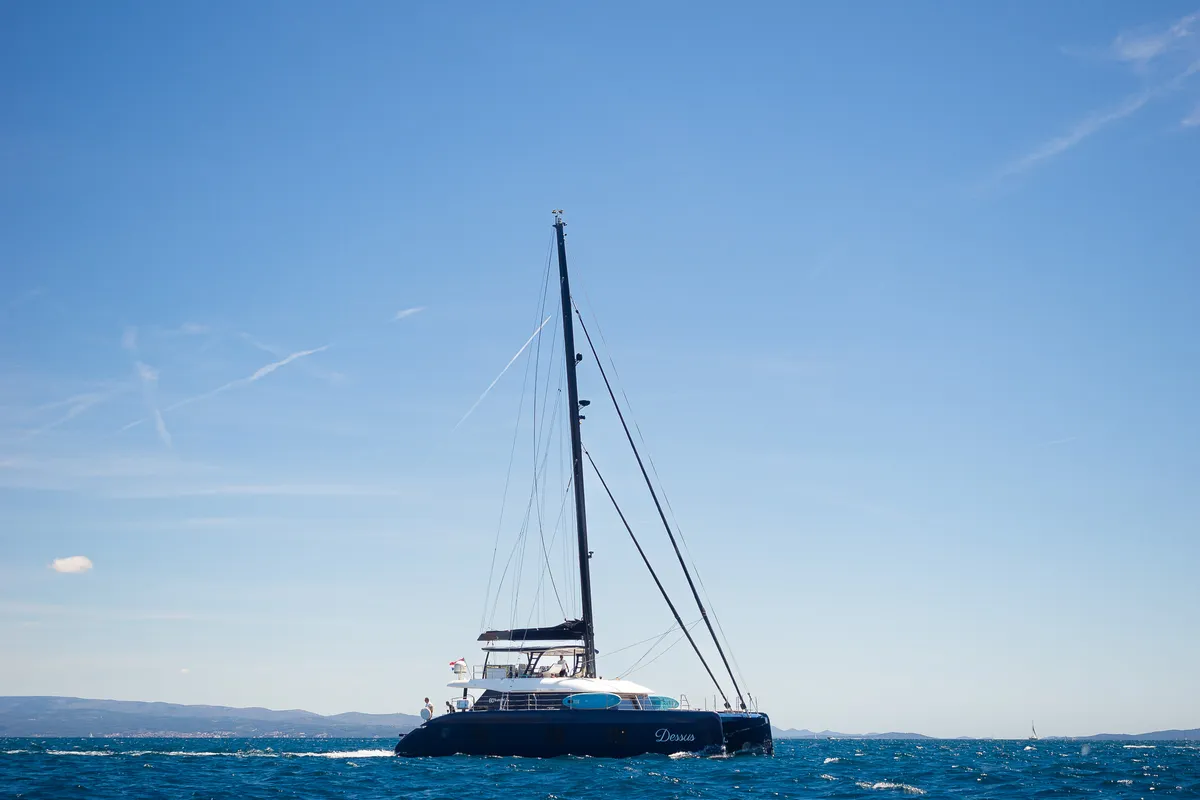 Exterior view of Dessus, a Sunreef 60 catamaran at Grad Kaštela, Croatia