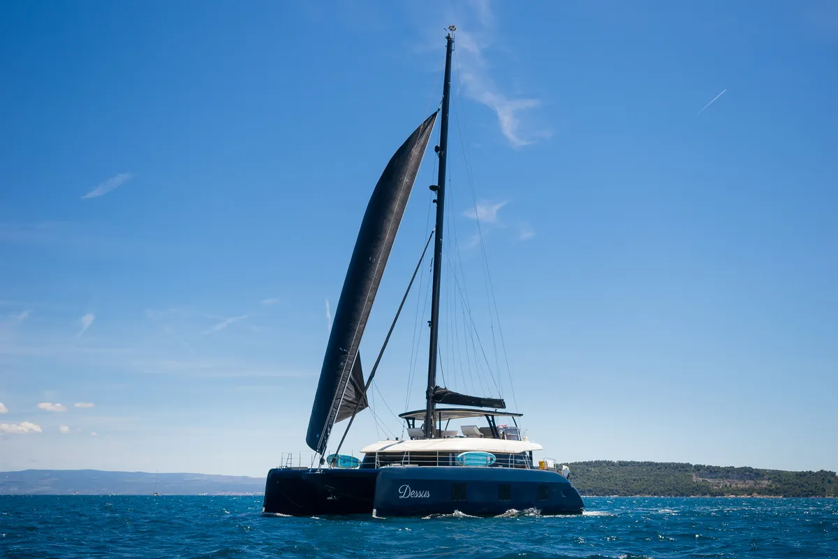 Exterior view of Dessus, a Sunreef 60 catamaran at Grad Kaštela, Croatia