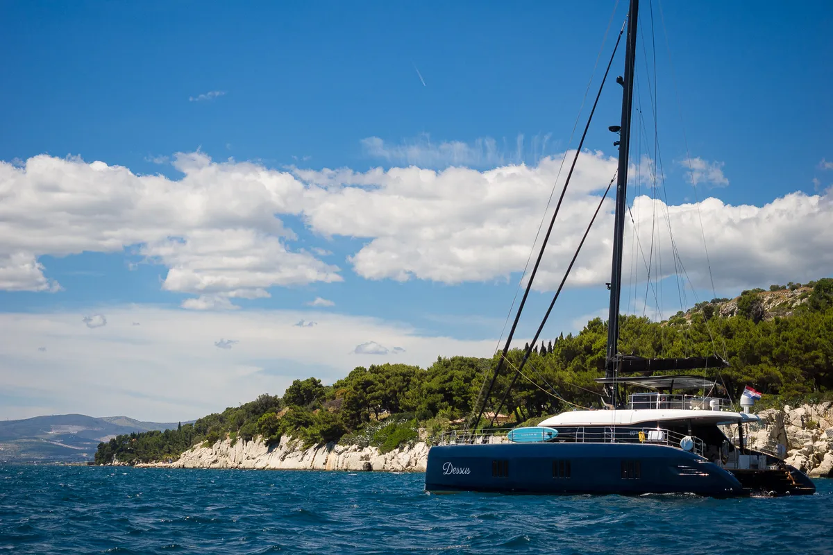 Exterior view of Dessus, a Sunreef 60 catamaran at Grad Kaštela, Croatia