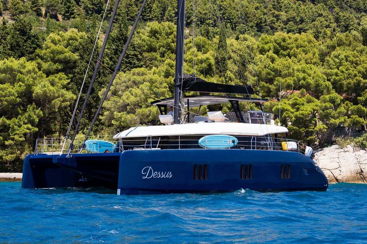 Exterior view of Dessus, a Sunreef 60 catamaran at Grad Kaštela, Croatia