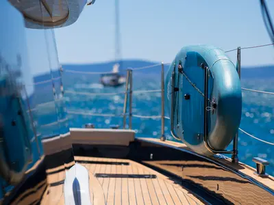 Deck of Dessus, a Sunreef 60 catamaran at Grad Kaštela, Croatia