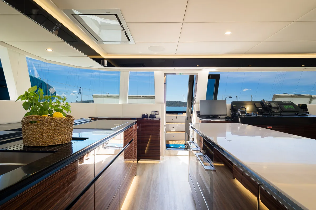 Galley of Dessus, a Sunreef 60 catamaran at Grad Kaštela, Croatia