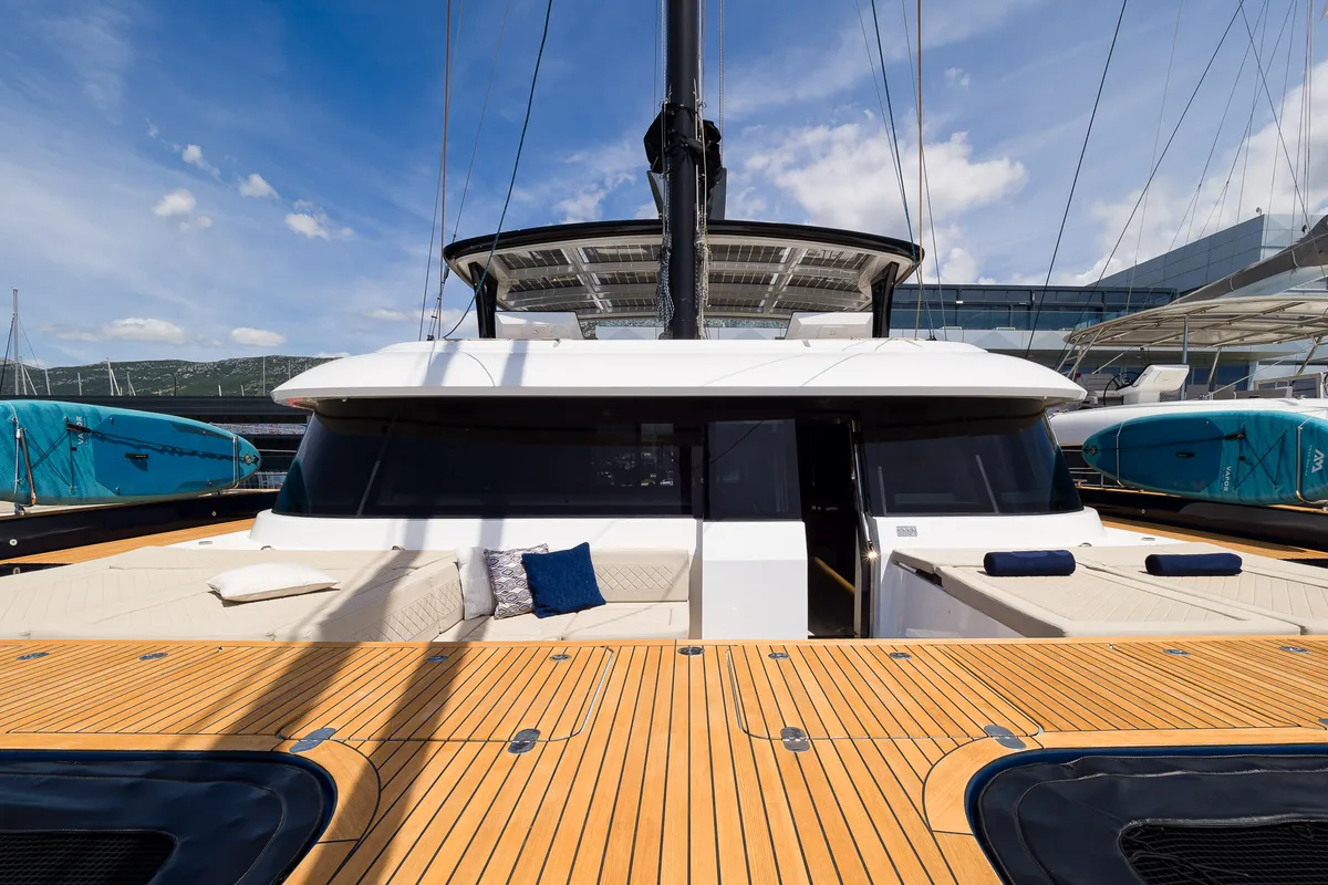 Deck of Dessus, a Sunreef 60 catamaran at Grad Kaštela, Croatia