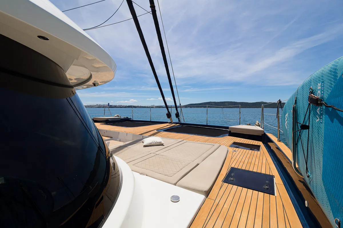 Deck of Dessus, a Sunreef 60 catamaran at Grad Kaštela, Croatia