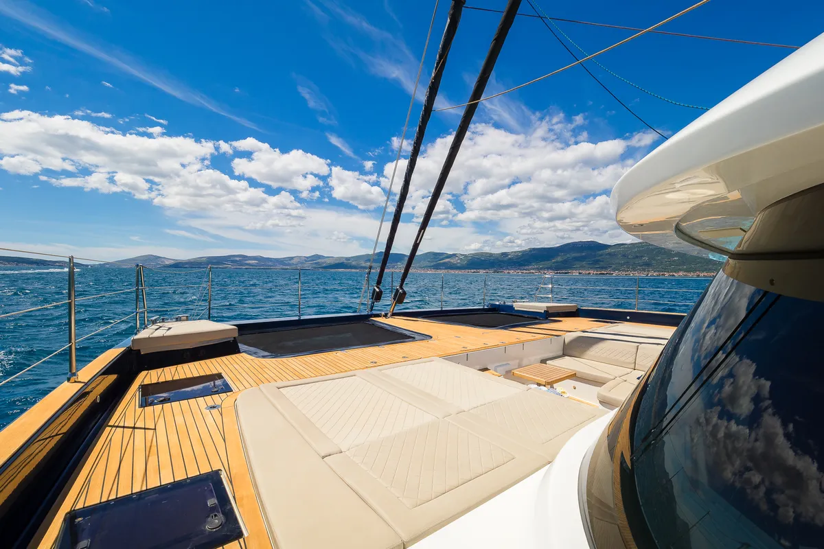 Deck of Dessus, a Sunreef 60 catamaran at Grad Kaštela, Croatia