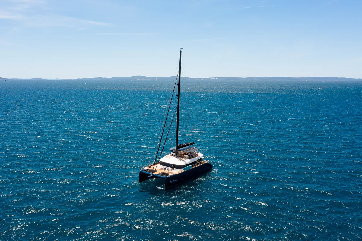 Exterior view of Dessus, a Sunreef 60 catamaran at Grad Kaštela, Croatia