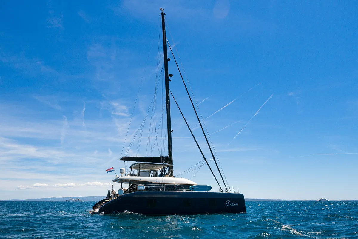 Exterior view of Dessus, a Sunreef 60 catamaran at Grad Kaštela, Croatia