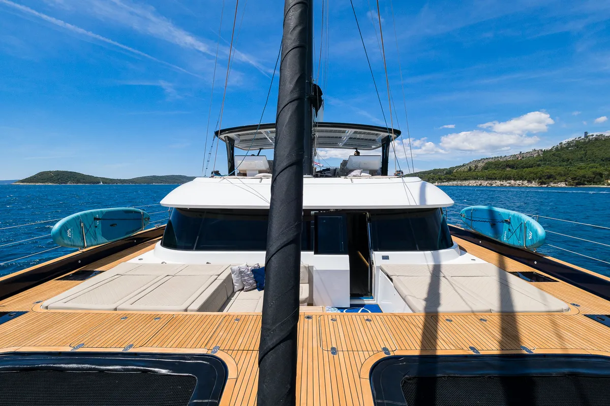 Deck of Dessus, a Sunreef 60 catamaran at Grad Kaštela, Croatia