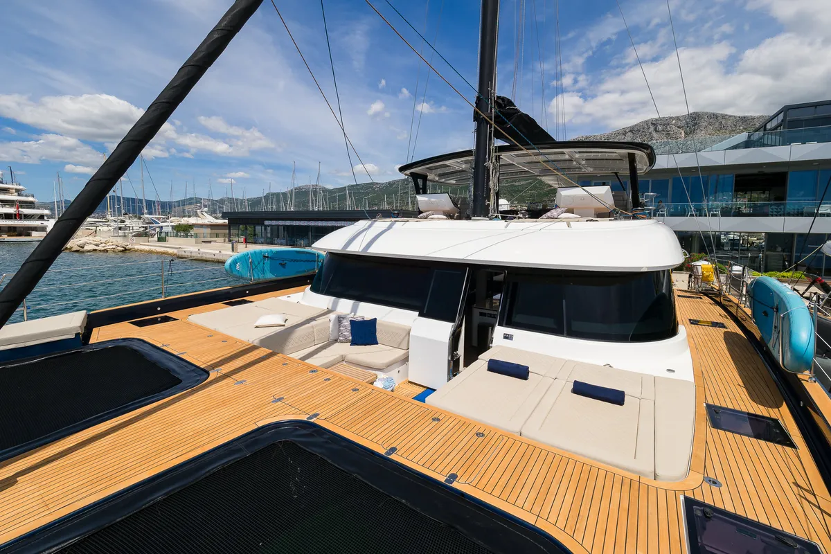 Deck of Dessus, a Sunreef 60 catamaran at Grad Kaštela, Croatia