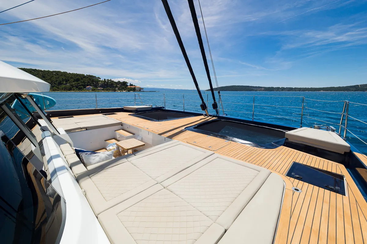 Deck of Dessus, a Sunreef 60 catamaran at Grad Kaštela, Croatia