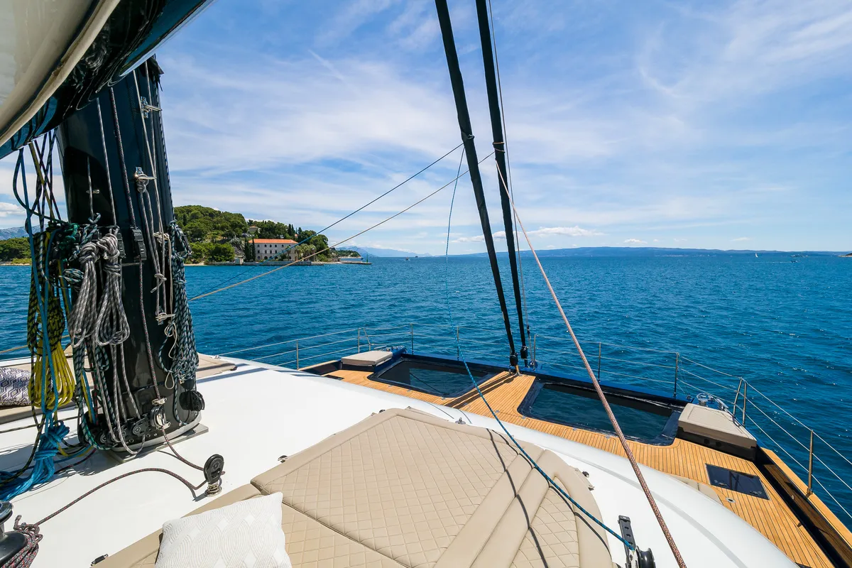 Deck of Dessus, a Sunreef 60 catamaran at Grad Kaštela, Croatia