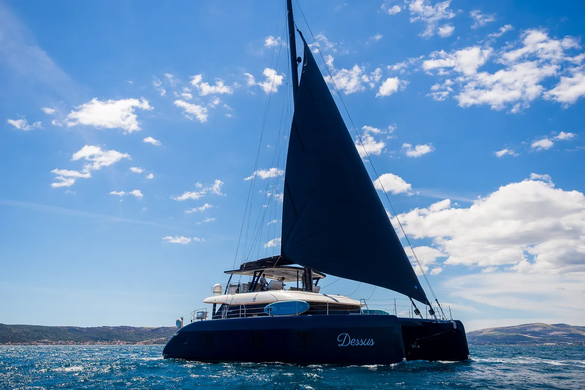 Exterior view of Dessus, a Sunreef 60 catamaran at Grad Kaštela, Croatia
