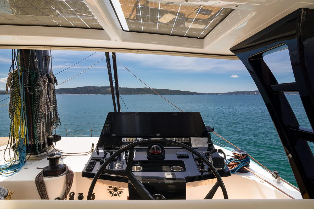 Cockpit of Dessus, a Sunreef 60 catamaran at Grad Kaštela, Croatia