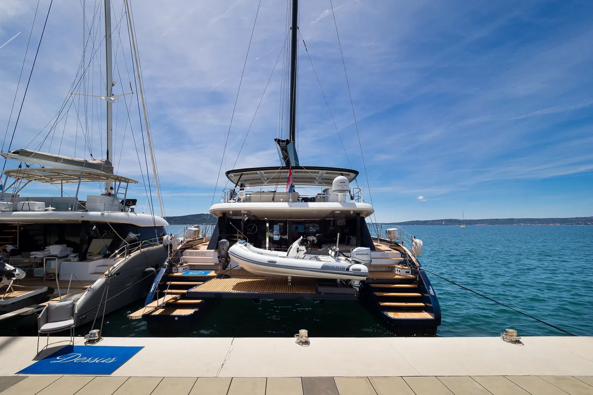 Exterior view of Dessus, a Sunreef 60 catamaran at Grad Kaštela, Croatia