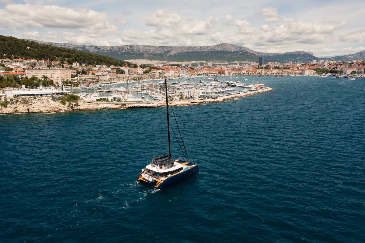Exterior view of Dessus, a Sunreef 60 catamaran at Grad Kaštela, Croatia