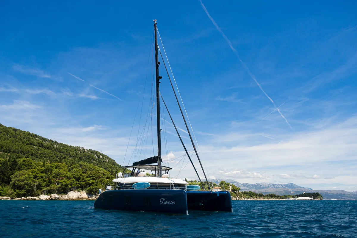 Exterior view of Dessus, a Sunreef 60 catamaran at Grad Kaštela, Croatia