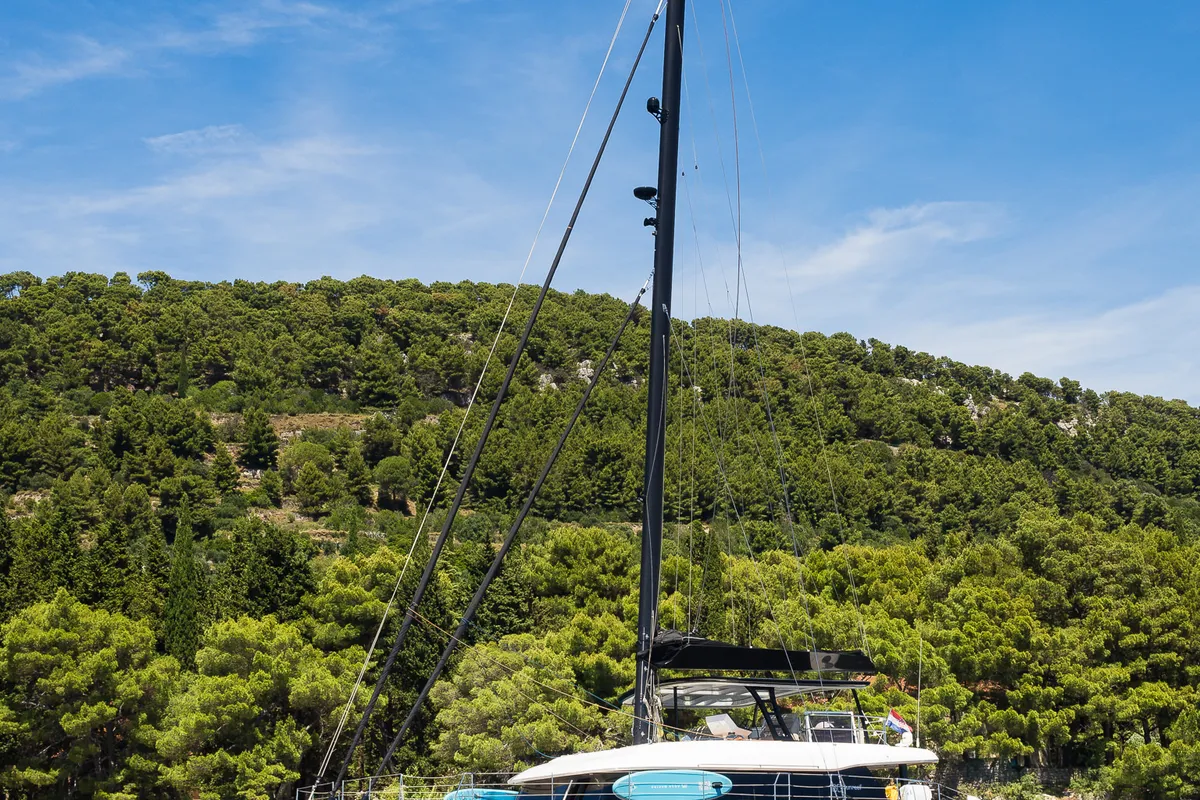 Exterior view of Dessus, a Sunreef 60 catamaran at Grad Kaštela, Croatia