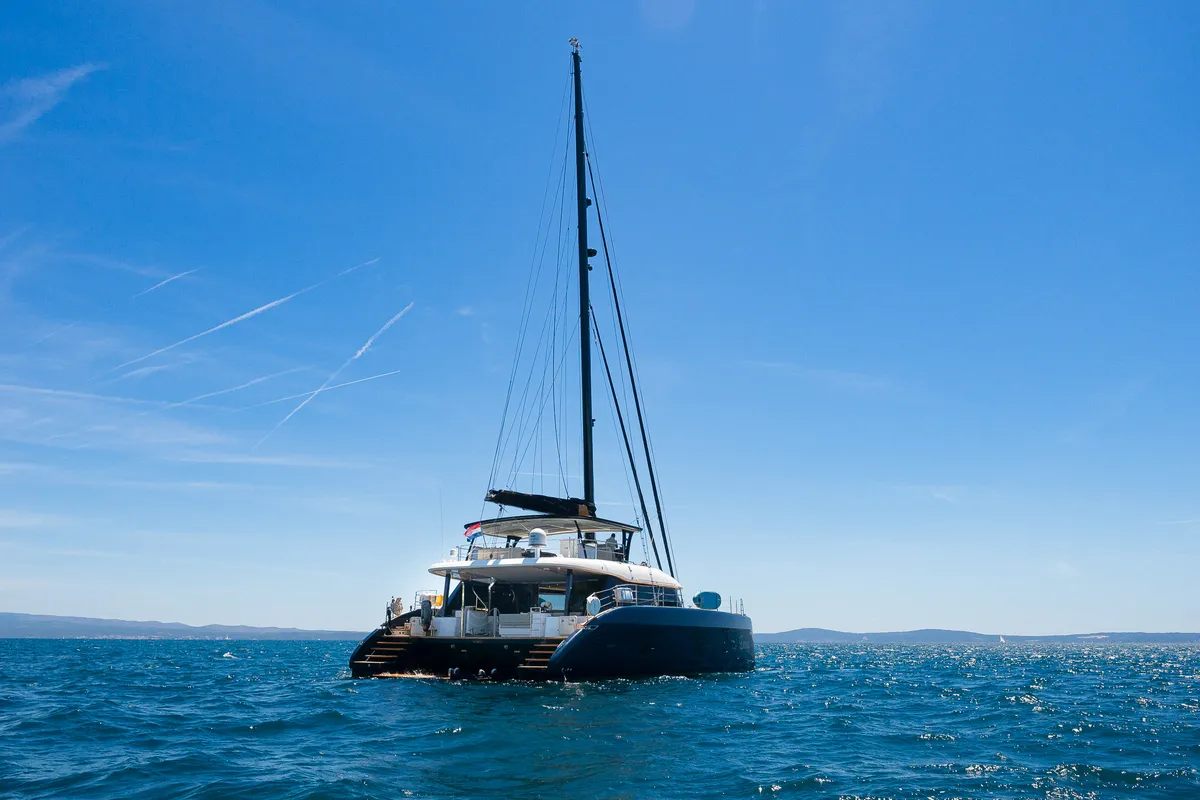 Exterior view of Dessus, a Sunreef 60 catamaran at Grad Kaštela, Croatia