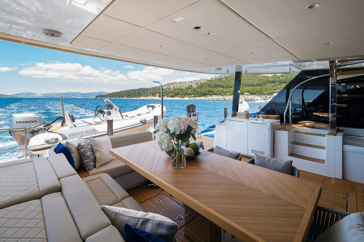 Deck of Dessus, a Sunreef 60 catamaran at Grad Kaštela, Croatia