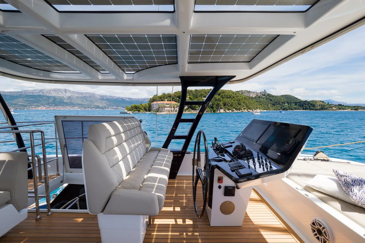 Cockpit of Dessus, a Sunreef 60 catamaran at Grad Kaštela, Croatia