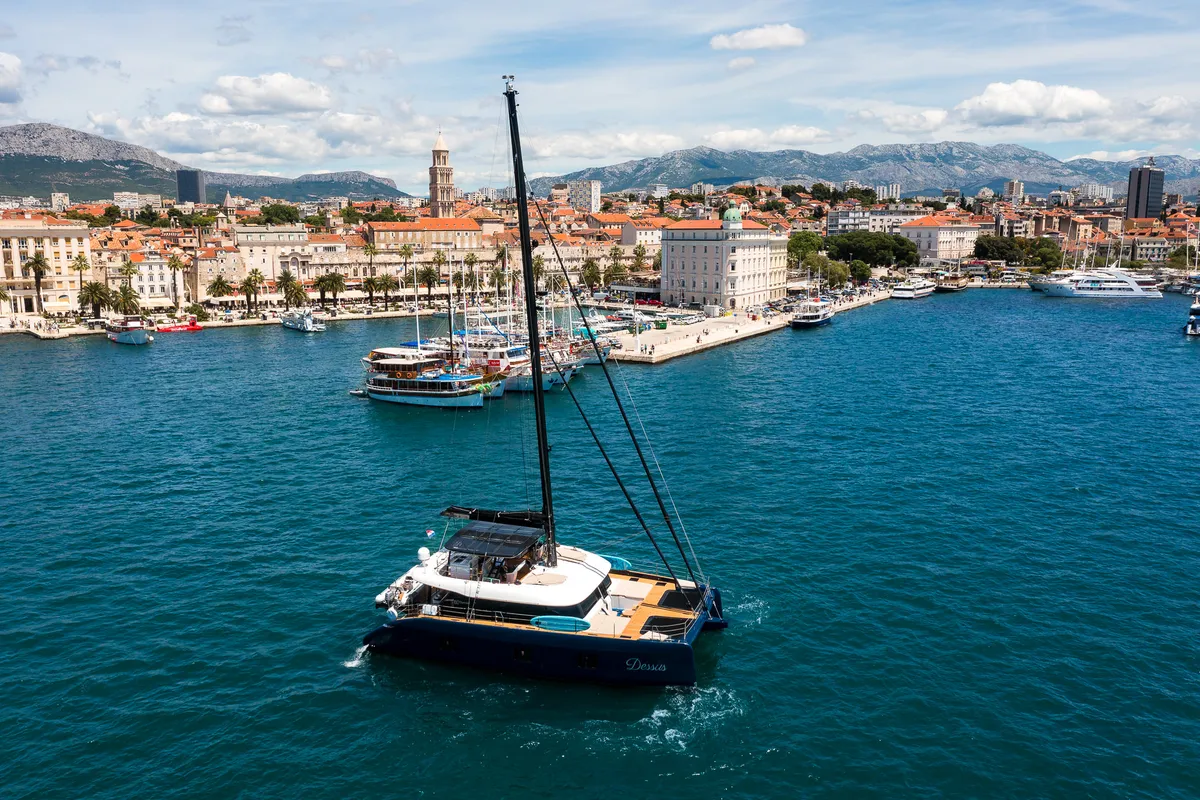 Exterior view of Dessus, a Sunreef 60 catamaran at Grad Kaštela, Croatia