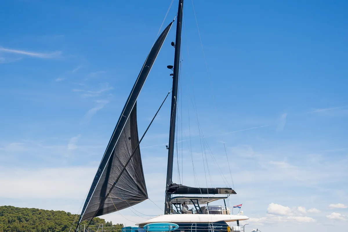 Exterior view of Dessus, a Sunreef 60 catamaran at Grad Kaštela, Croatia