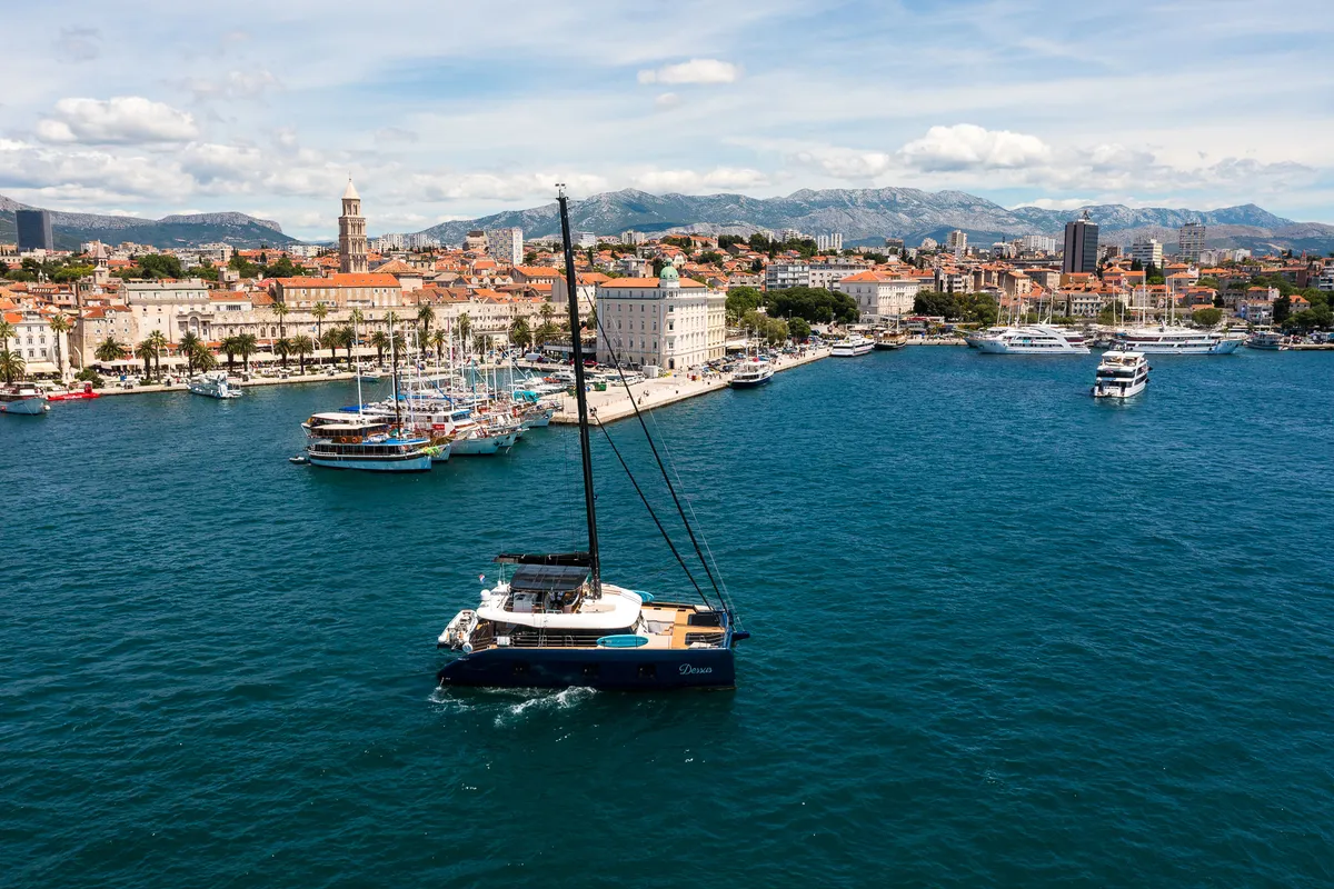 Exterior view of Dessus, a Sunreef 60 catamaran at Grad Kaštela, Croatia