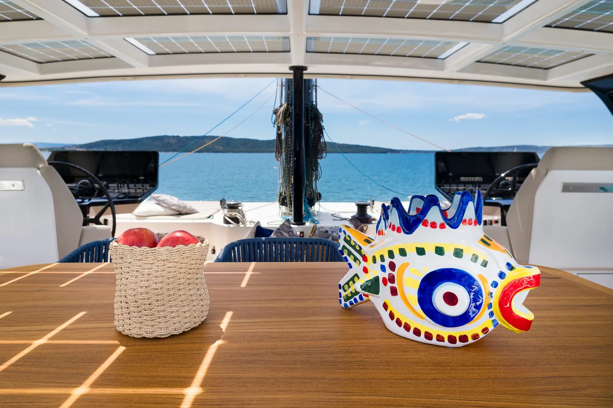 Exterior view of Dessus, a Sunreef 60 catamaran at Grad Kaštela, Croatia