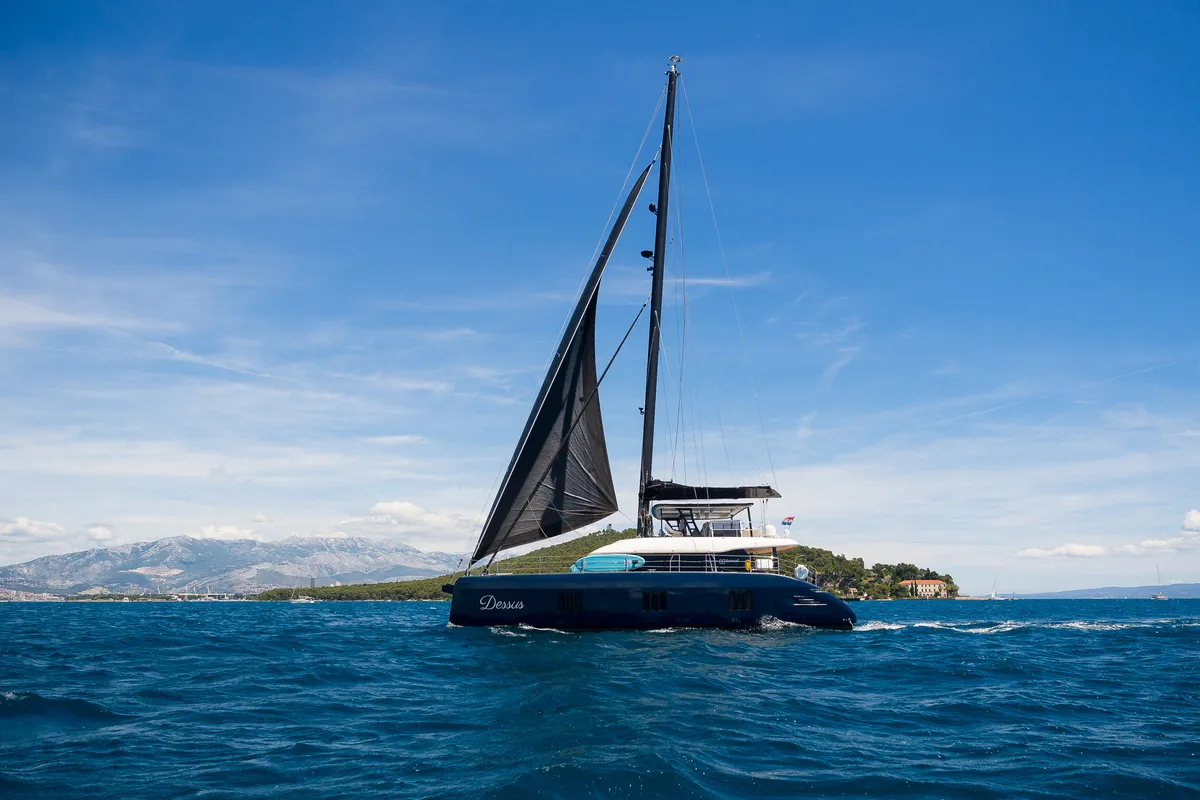 Deck of Dessus, a Sunreef 60 catamaran at Grad Kaštela, Croatia