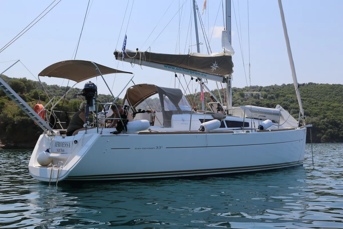 Exterior view of Afroessa, a Jeanneau Sun Odyssey 33i sailboat at Loutraki, Greece