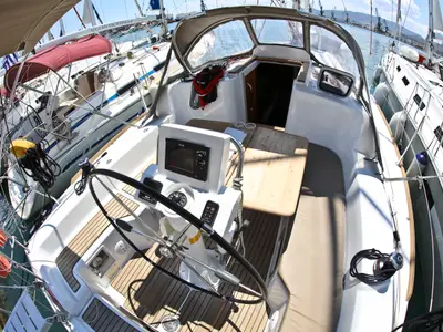 Cockpit of Afroessa, a Jeanneau Sun Odyssey 33i sailboat at Loutraki, Greece