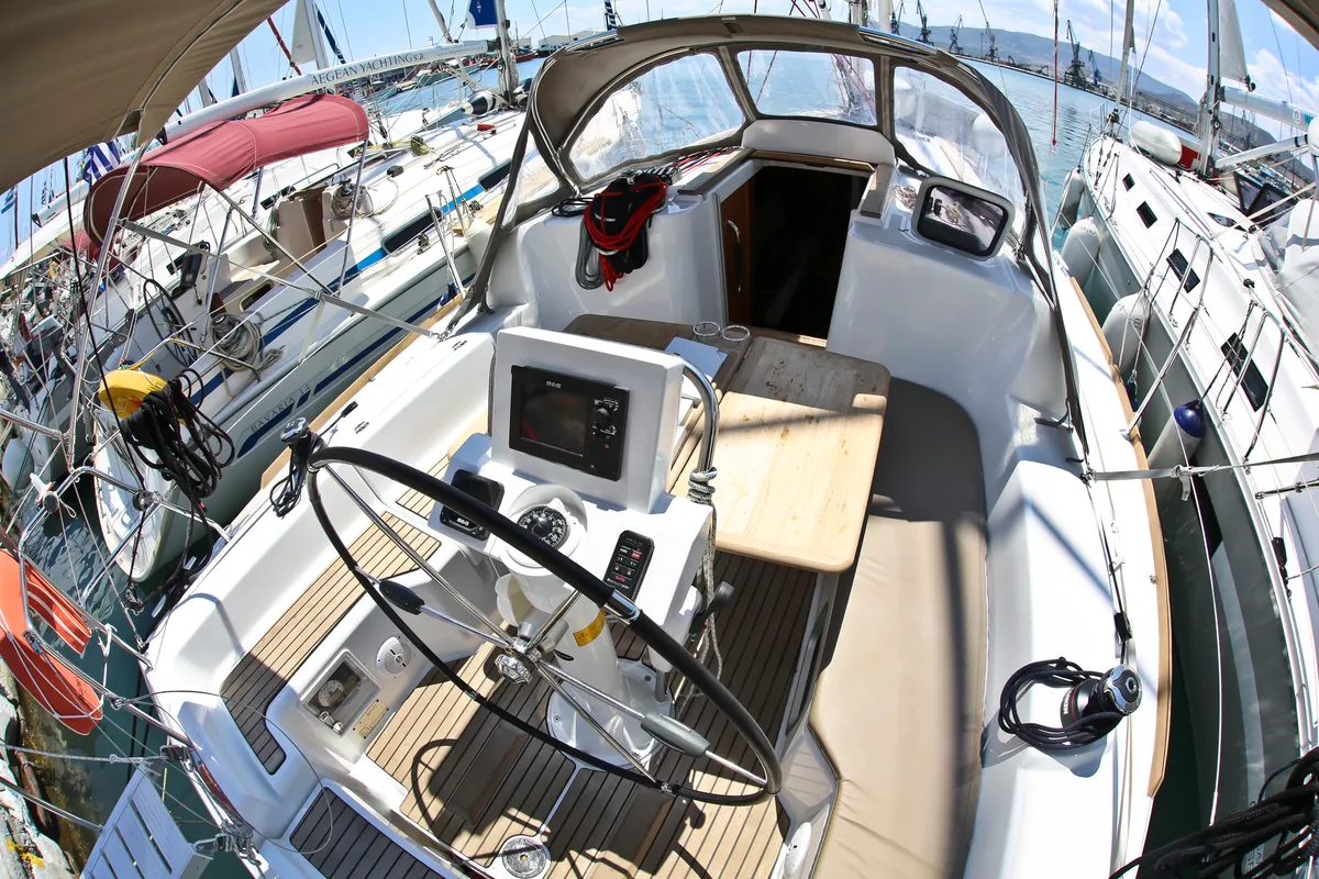 Cockpit of Afroessa, a Jeanneau Sun Odyssey 33i sailboat at Loutraki, Greece