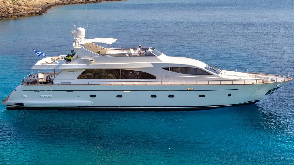 Estia Poseidon, a Falcon 86 motor yacht at Salamina, Greece