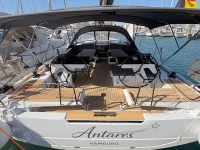 Cockpit of Antares, a Hanse 460 sailboat at Palma de Mallorca, Spain