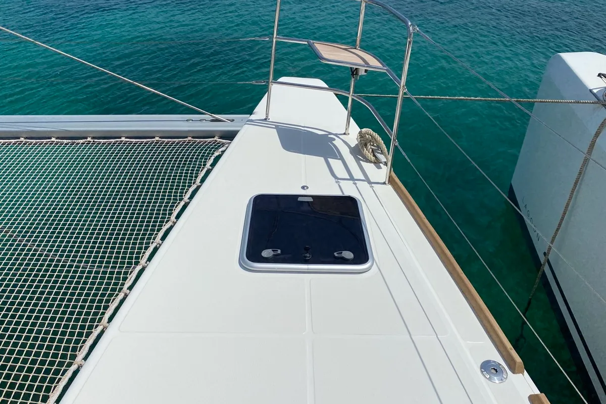 Deck of Naka, a Lagoon 52F catamaran at Tonnarella, Italy