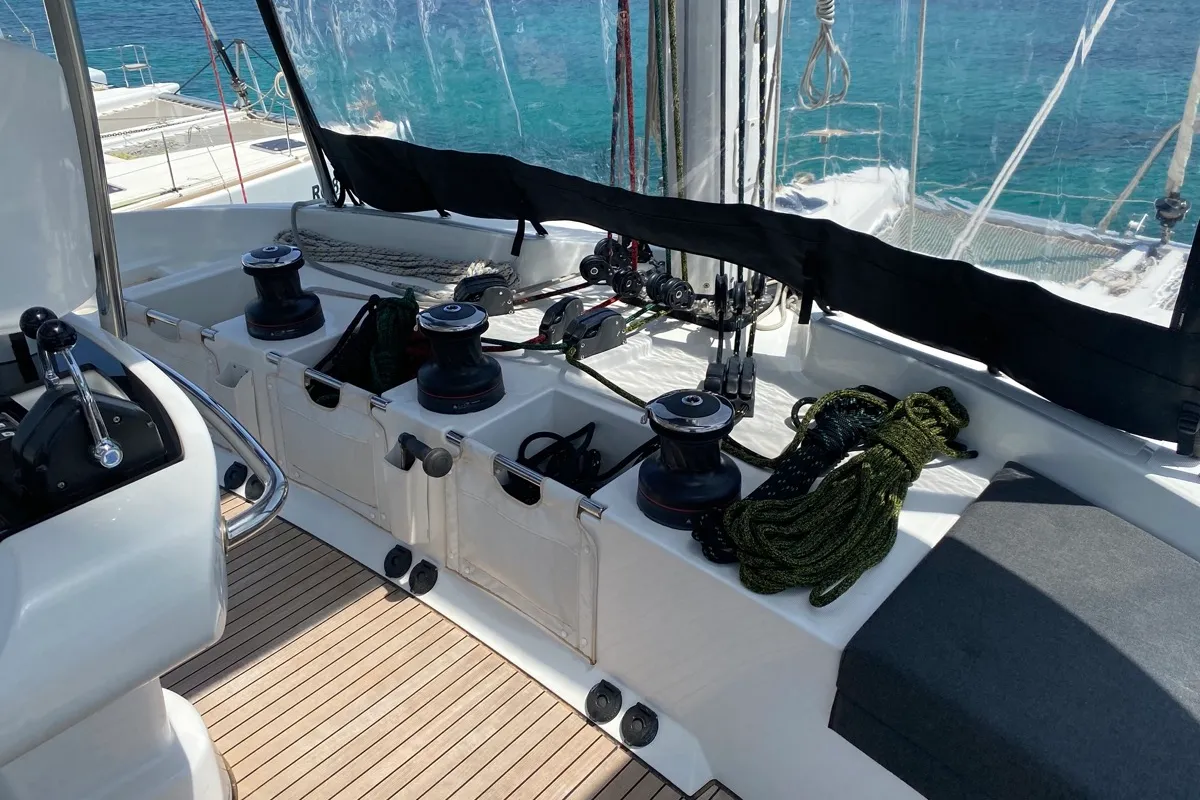 Cockpit of Naka, a Lagoon 52F catamaran at Tonnarella, Italy