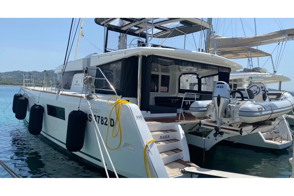 Exterior view of Naka, a Lagoon 52F catamaran at Tonnarella, Italy