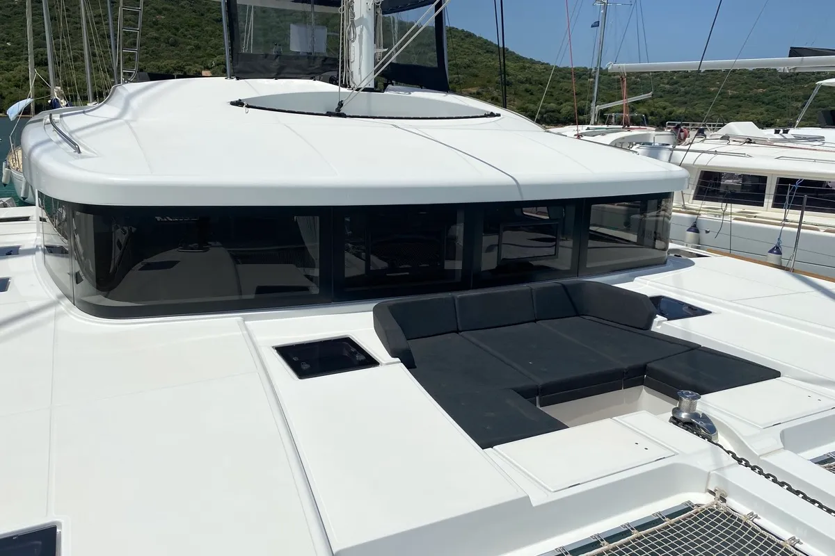 Deck of Naka, a Lagoon 52F catamaran at Tonnarella, Italy