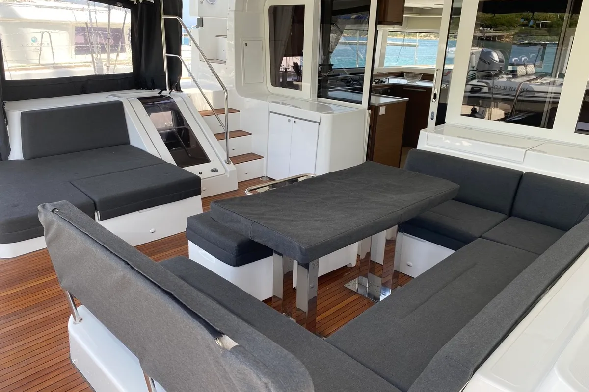 Deck of Naka, a Lagoon 52F catamaran at Tonnarella, Italy