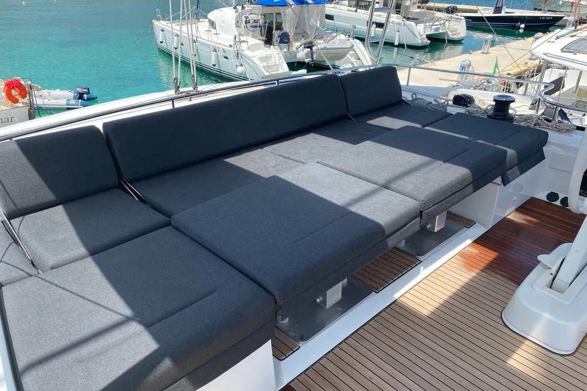 Deck of Naka, a Lagoon 52F catamaran at Tonnarella, Italy