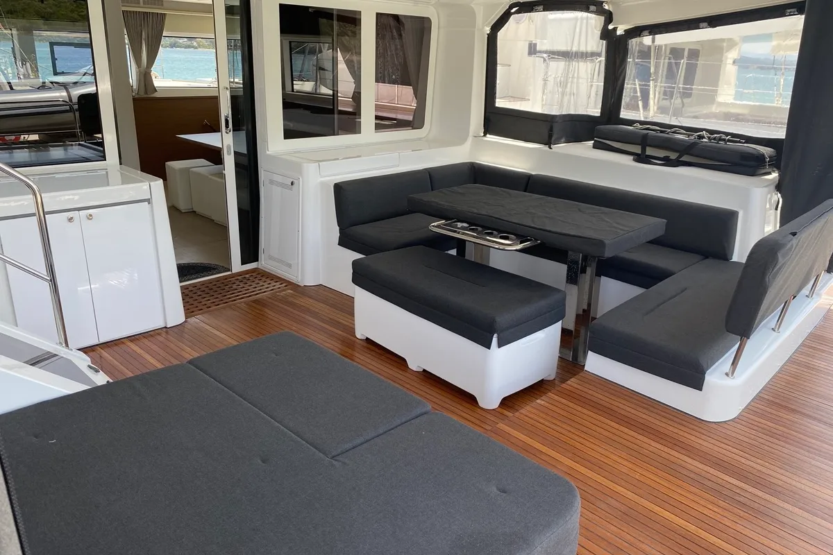 Deck of Naka, a Lagoon 52F catamaran at Tonnarella, Italy
